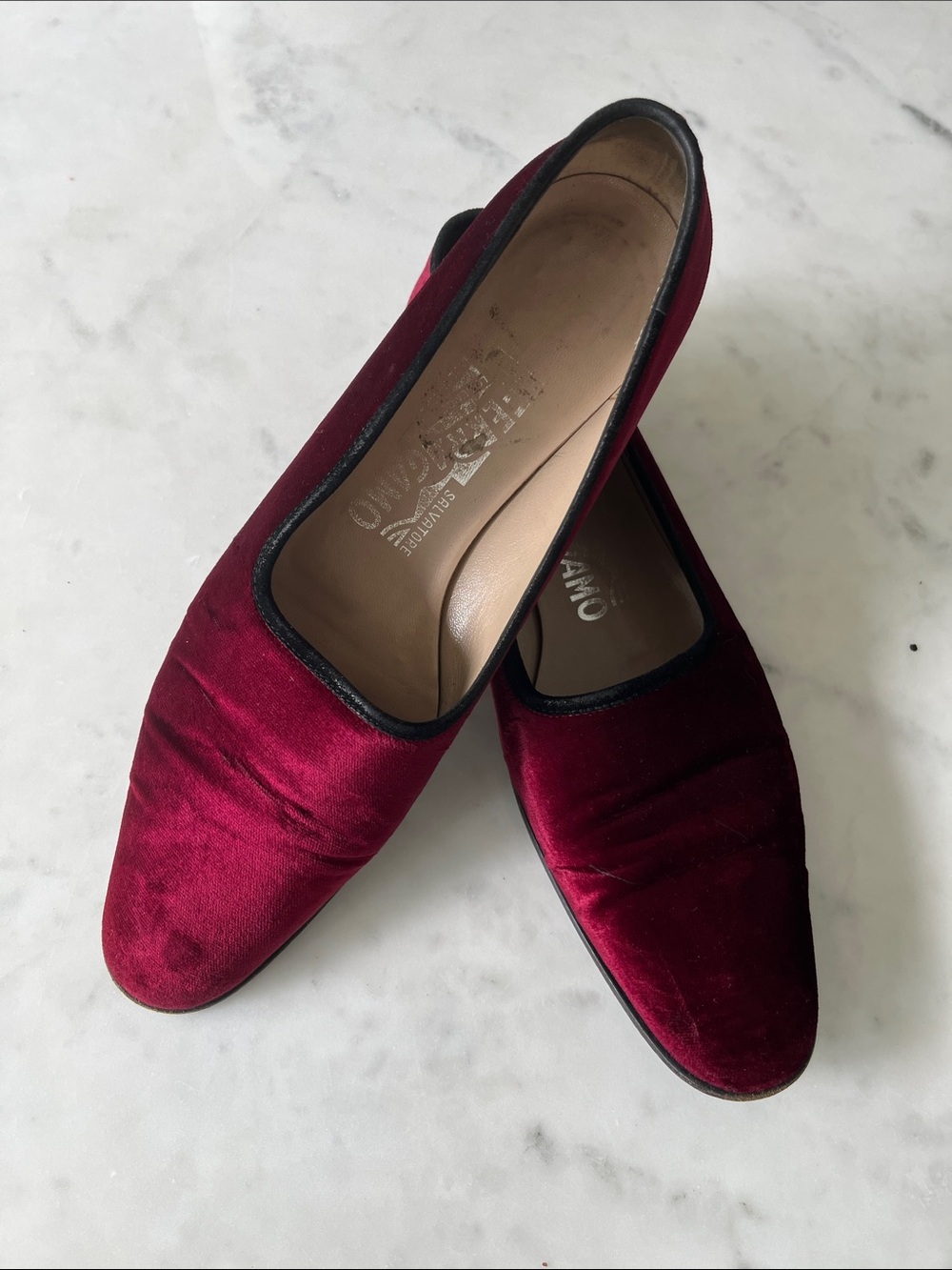 Salvatore Ferragamo Burgundy Velvet Slip-On Loafers with Black Trim